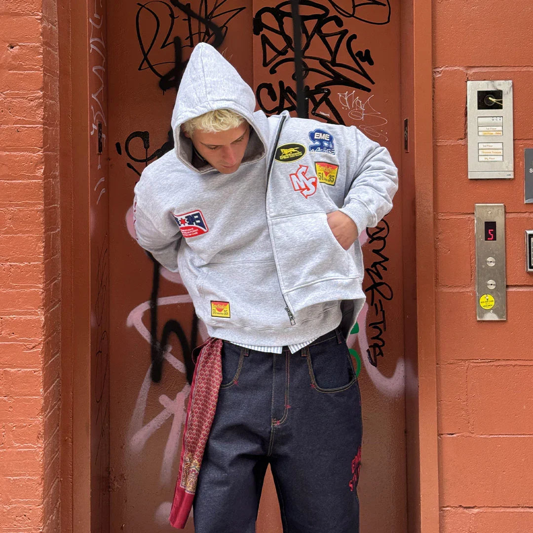 Patches Grey Oversized Hoodie