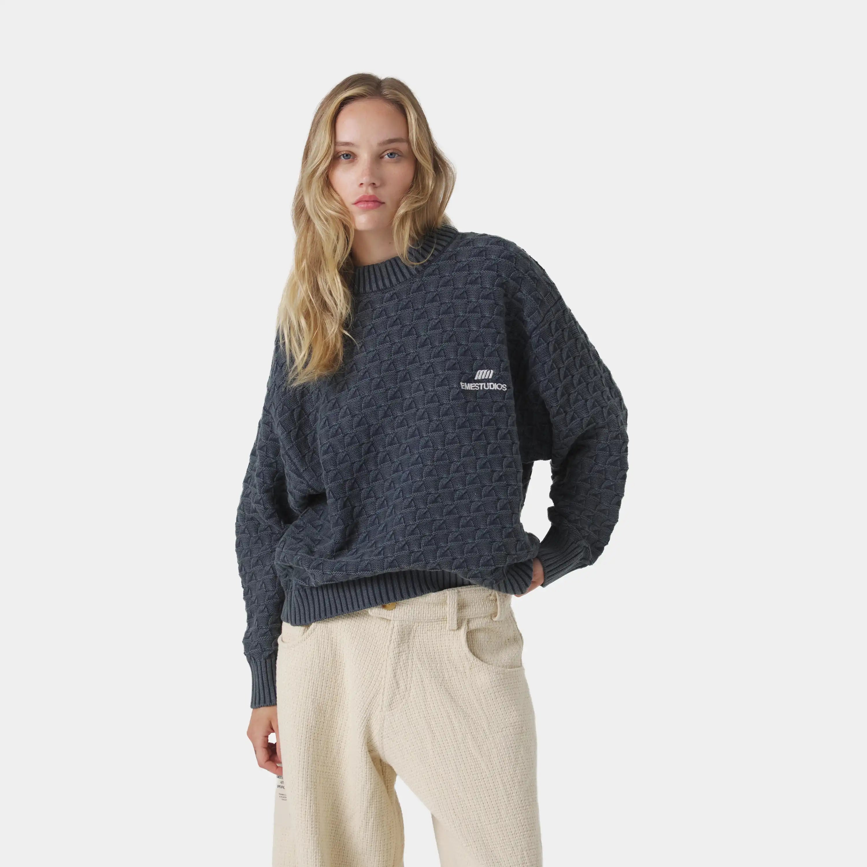 Grid Navy Cable Knit Sweater